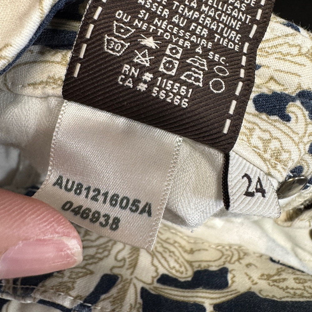 7 For All Mankind Jeans Skinny 24 Navy Blue Floral Drawing Ivory Printed Stretch - Picture 6 of 6